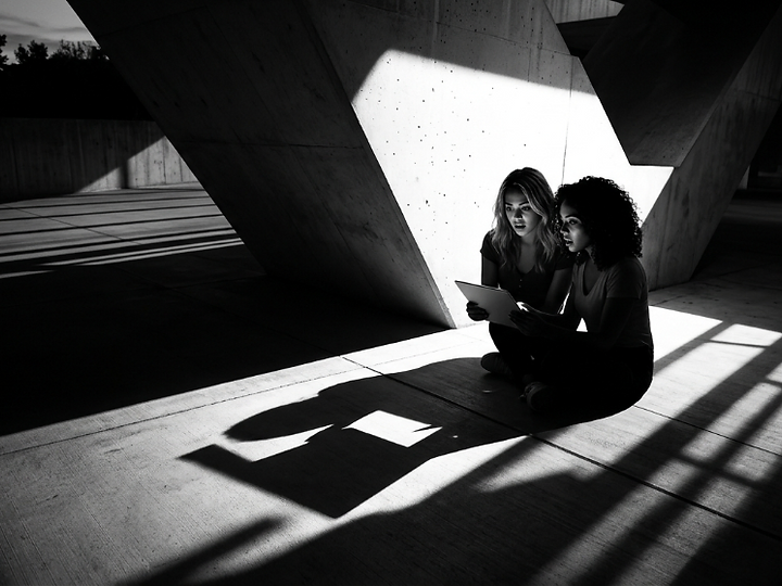 Two strategists reviewing work in a concrete courtyard
