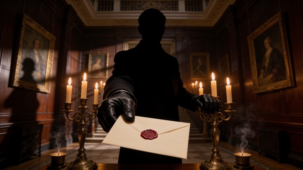 A shadowy figure extends a wax-sealed envelope inside a grand candlelit manor hall