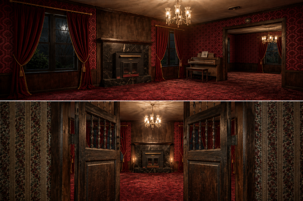 The crimson living room with chandelier and heavy red curtains