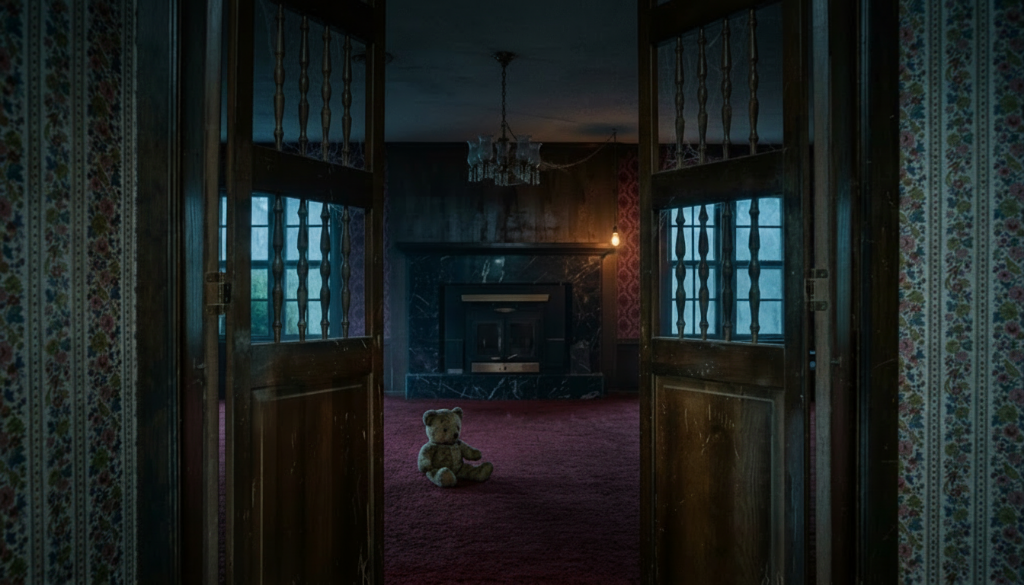 A child's room viewed through open doors with a teddy bear on the floor