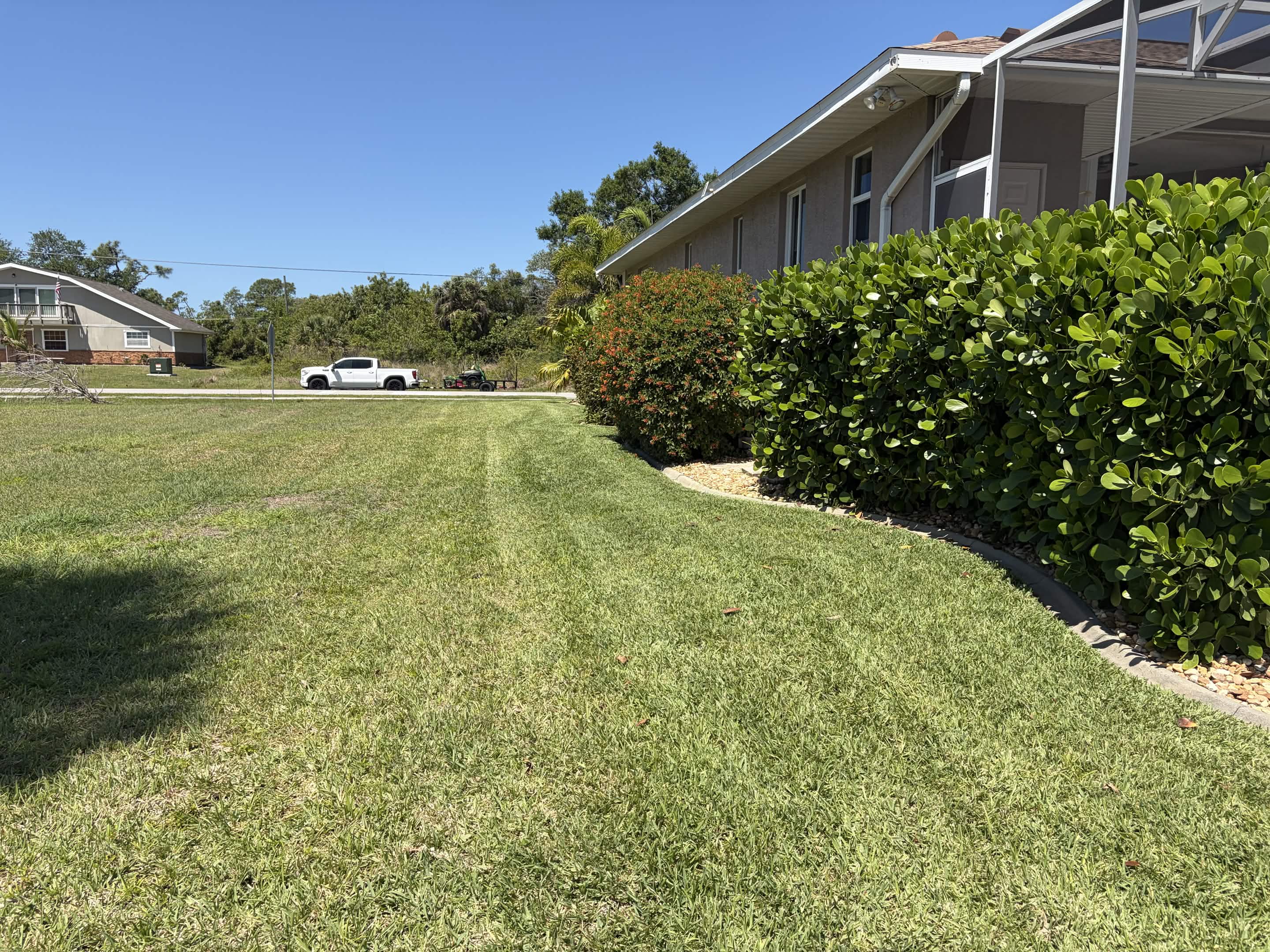 Freshly mowed lawn with trimmed hedges and clean property edges