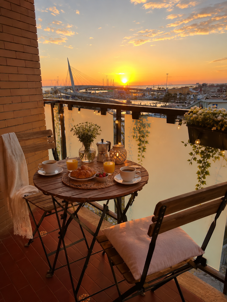 Alba dal terrazzo di Casa Incantevole con vista sul Ponte del Mare e il porto di Pescara