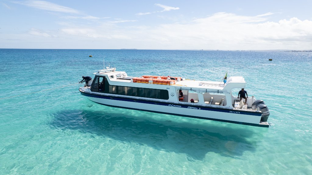 Express boat anchored at white sand beach