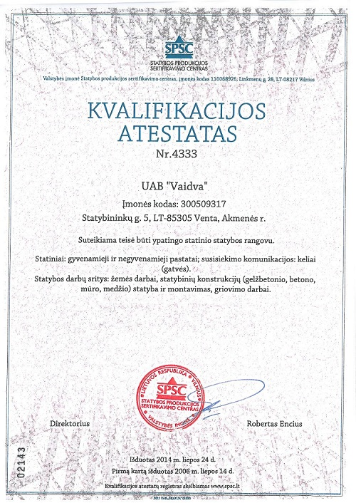 Kvalifikacijos atestatas Nr. 4333