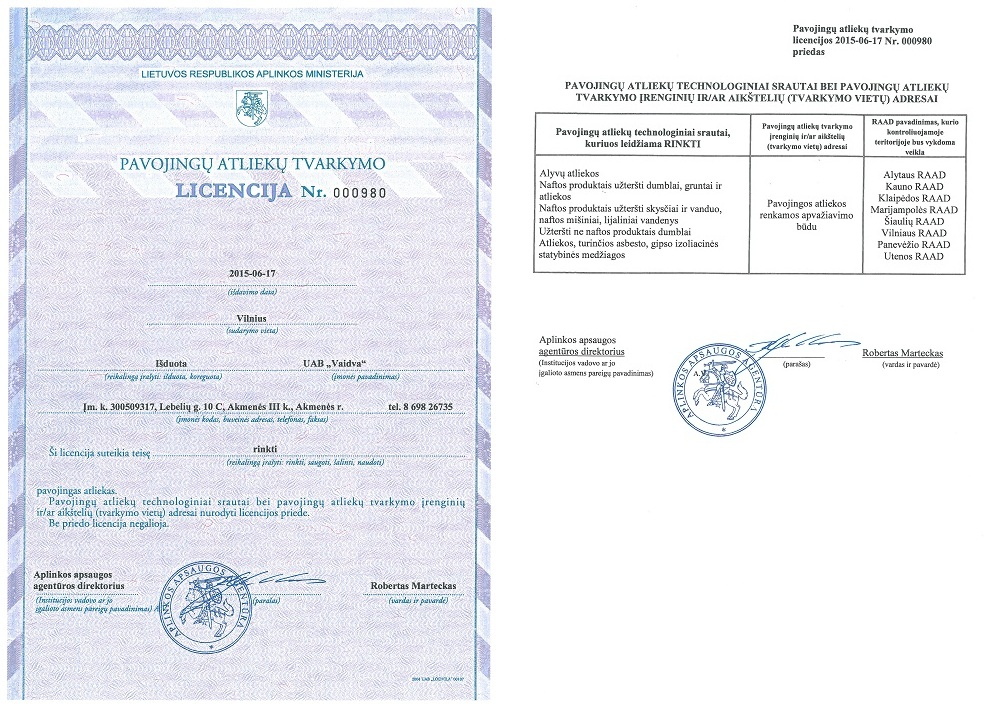 Pavojingų atliekų tvarkymo licencija Nr. 000980