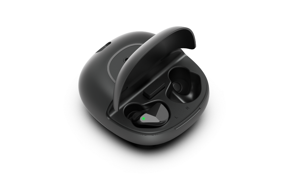 Sonaura Flux open, revealing the earbuds
