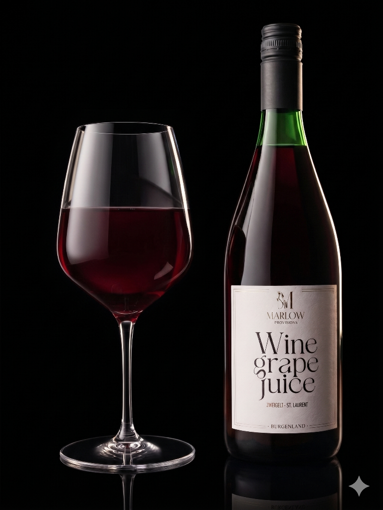 Wine Grape Juice bottle alongside a filled crystal wine glass
