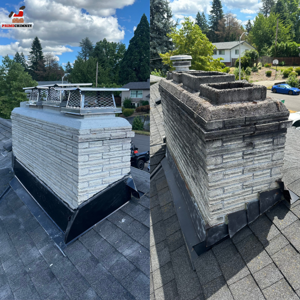 Chimney exterior before and after restoration