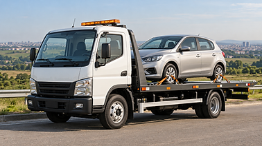Ilustração de guincho plataforma 3/4 transportando um carro.
