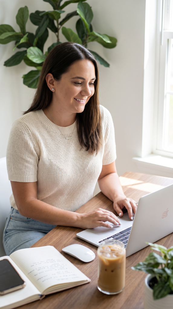 Therapist working calmly at a warm wooden desk