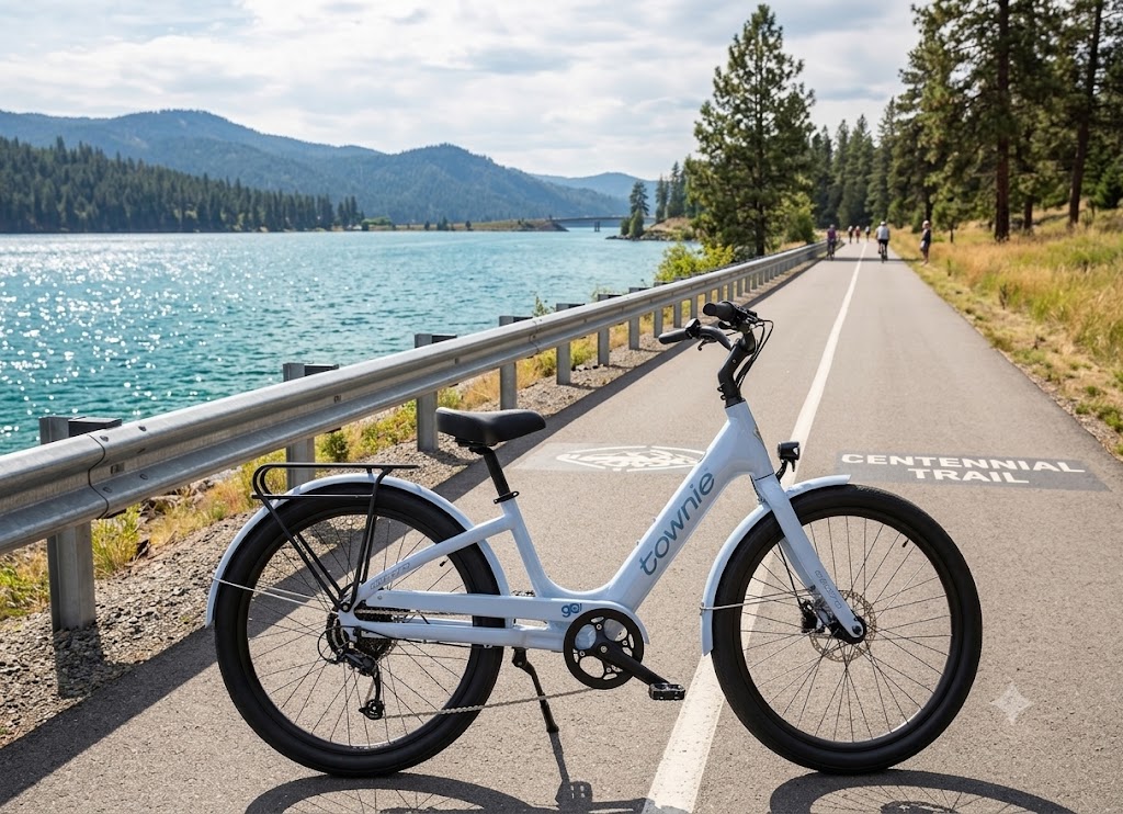 Townie e-bike on the Centennial Trail beside Lake Coeur d'Alene