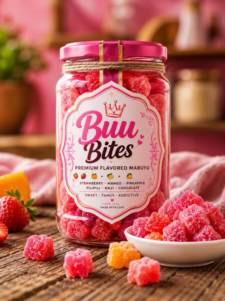 Buu Bites Premium Flavored Mabuyu jar filled with colorful sugar-coated baobab candies