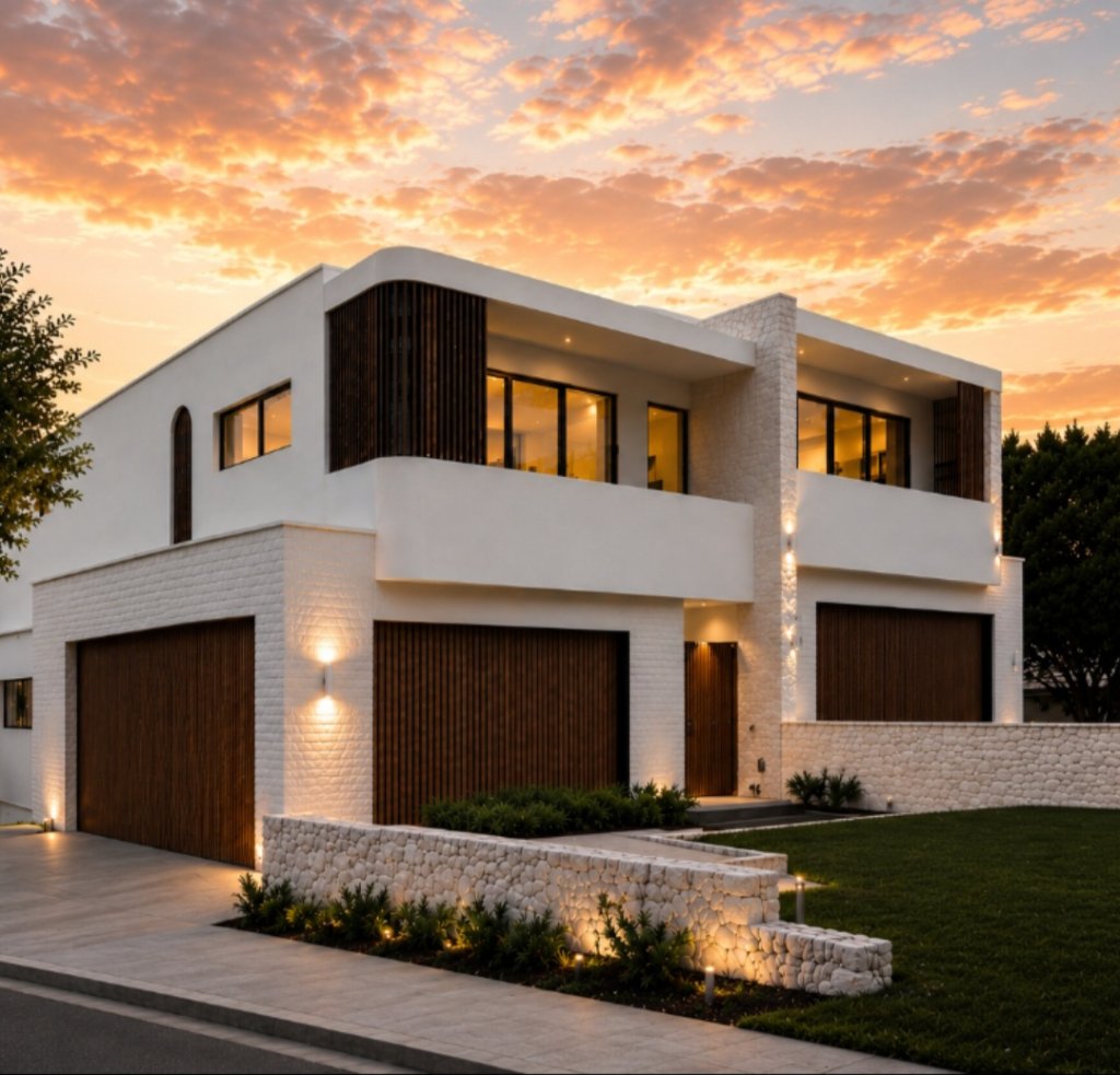 Custom luxury home at sunset by Refine Built