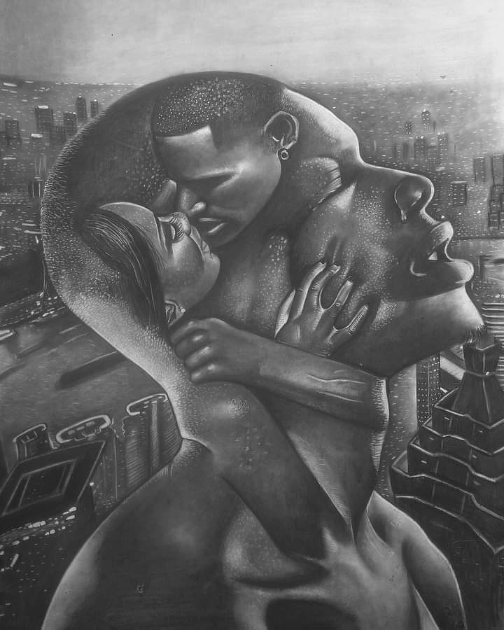 An intimate embrace set against a cityscape, exploring the themes of love, connection, and vulnerability.