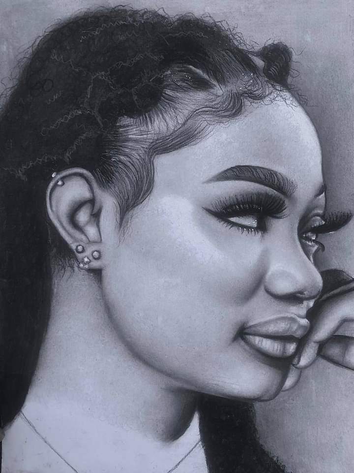 A striking profile view with exquisite attention to skin texture and hair detail.