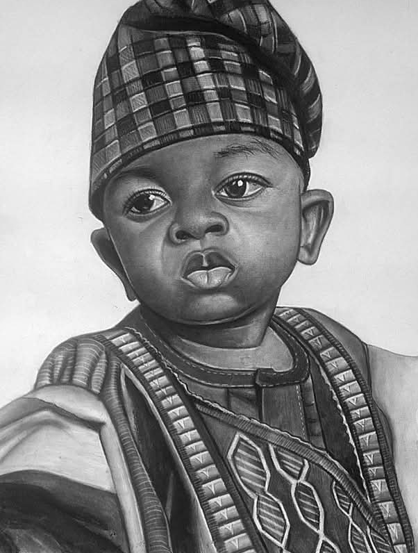 A young boy in traditional attire, captured with striking detail and quiet dignity.