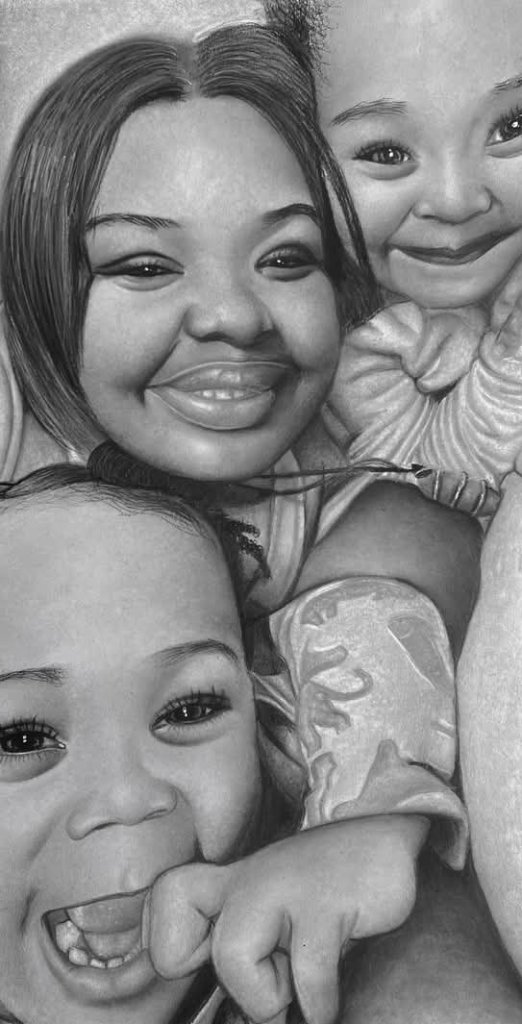 A tender family portrait capturing the warmth of a mother embracing her children, rendered in hyper-realistic graphite.