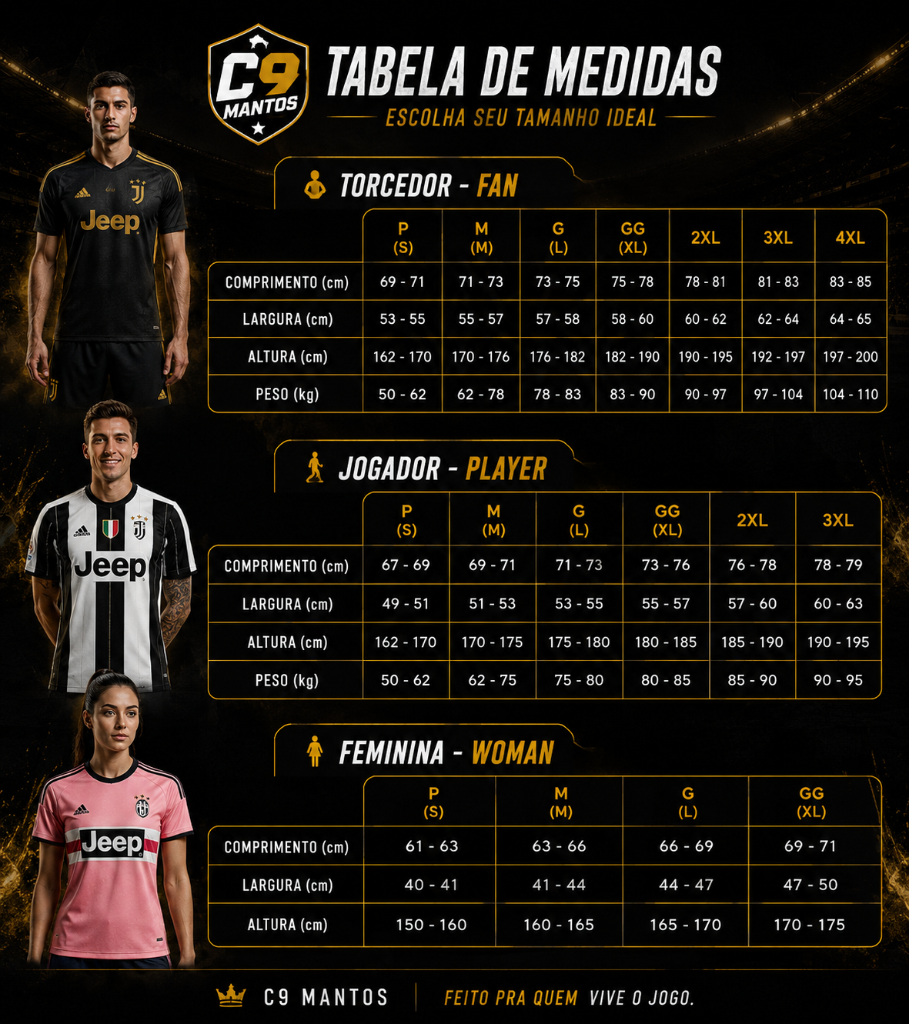 Tabela de medidas oficial — Adulto