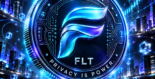 Official FLOTRON coin artwork: a metallic coin marked FLOTRON and FLT with the emblem, floating above a luminous platform