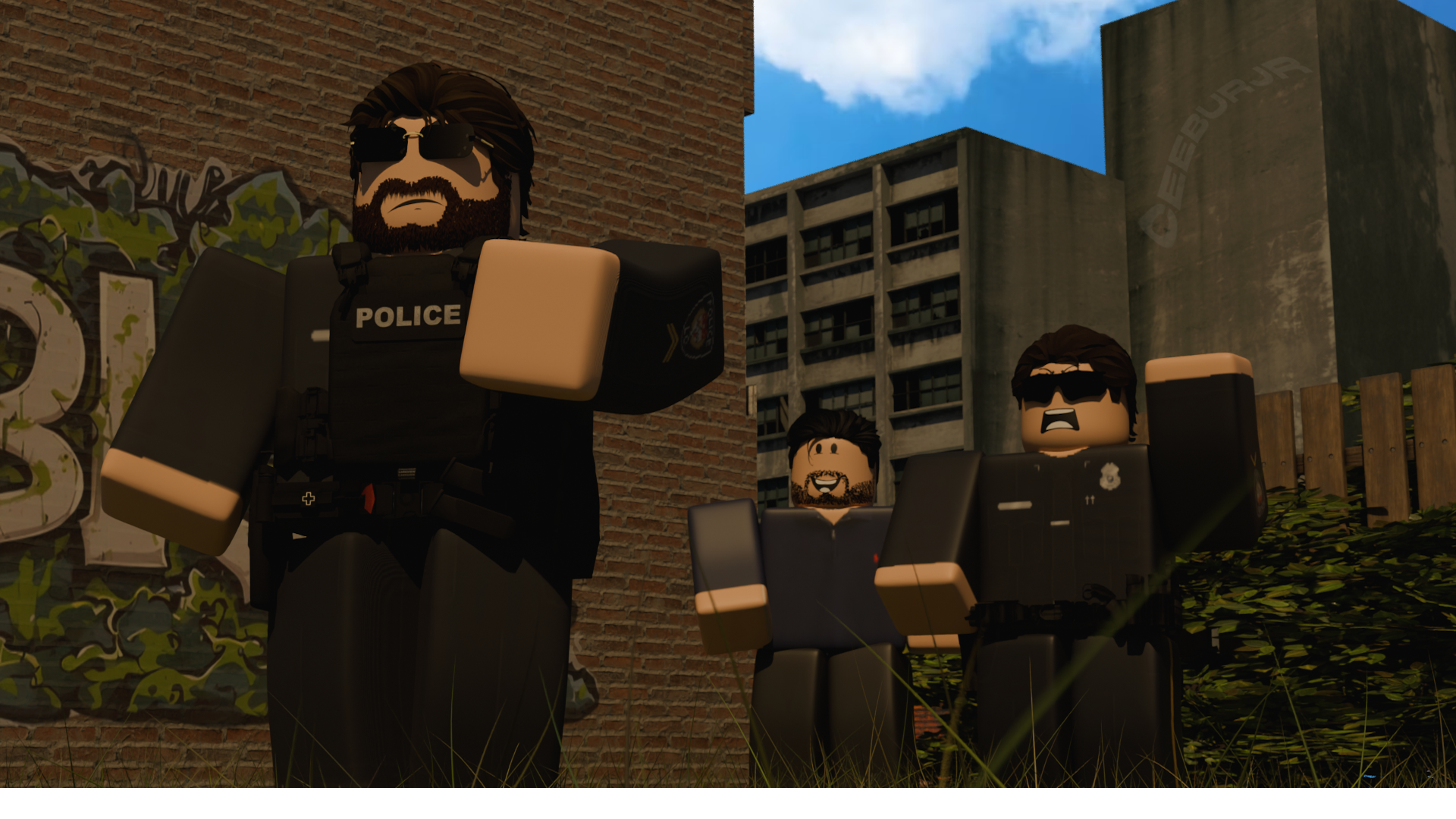 Three law-enforcement characters in front of a weathered brick wall, the lead figure in a tactical POLICE vest over black fatigues.