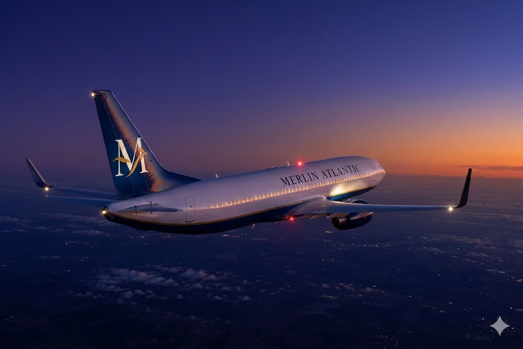 Aircraft in flight at twilight