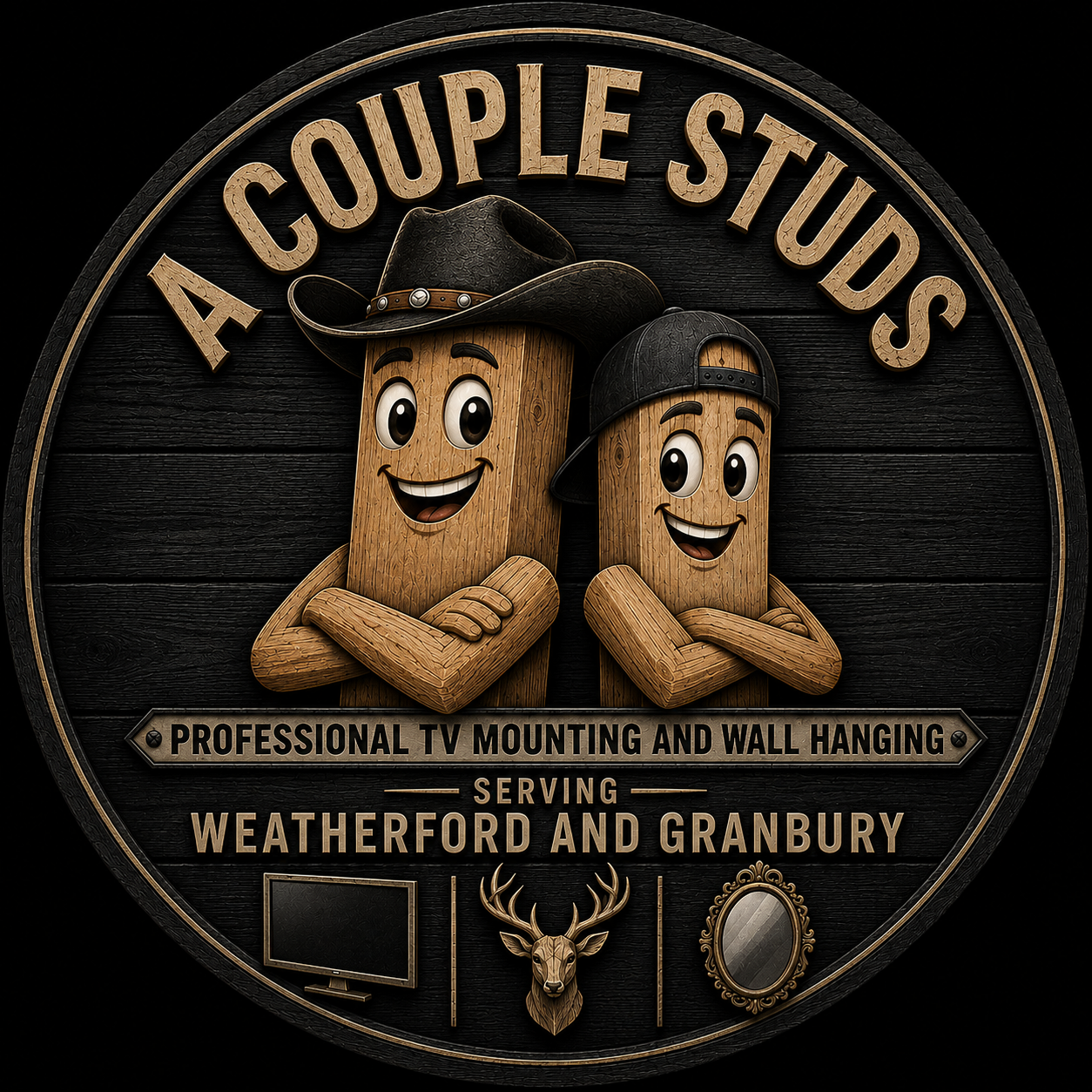 A Couple Studs logo — two wooden stud characters, professional TV mounting and wall hanging