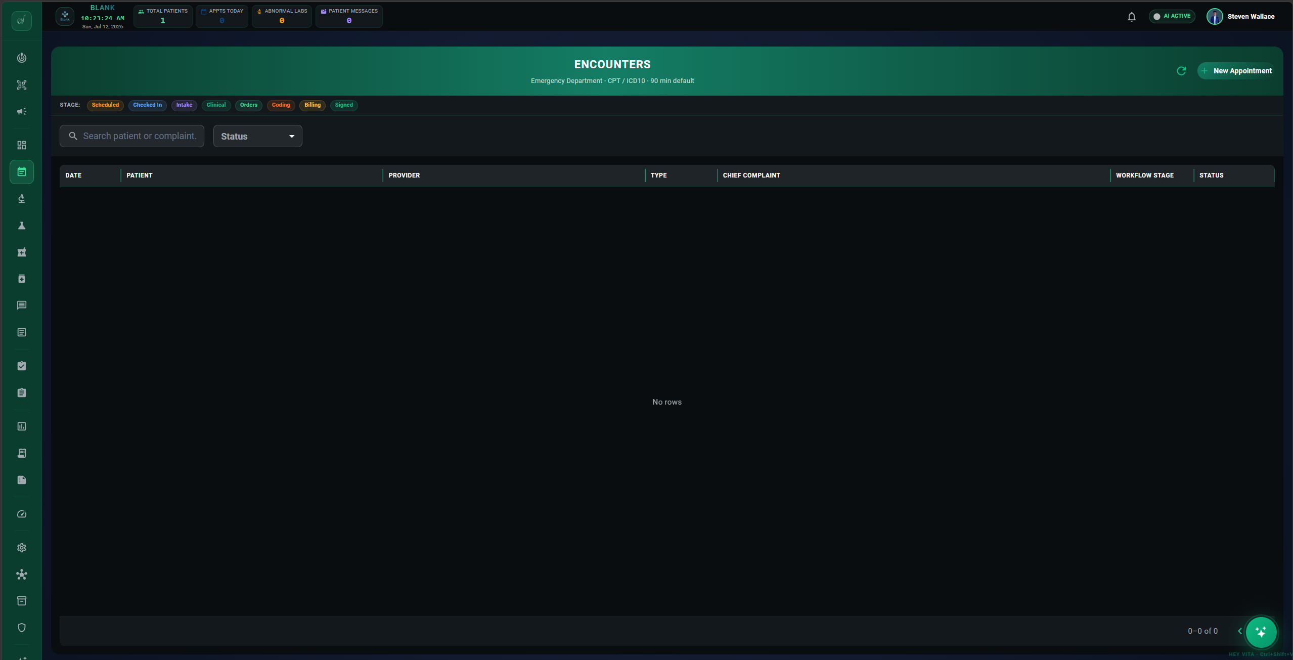 Vita AI Encounters management interface with workflow stages and appointment scheduling