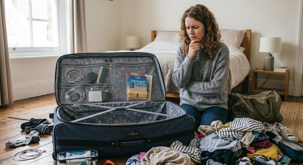 Woman packing an empty suitcase at home