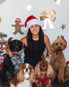 A dog trainer with three dogs