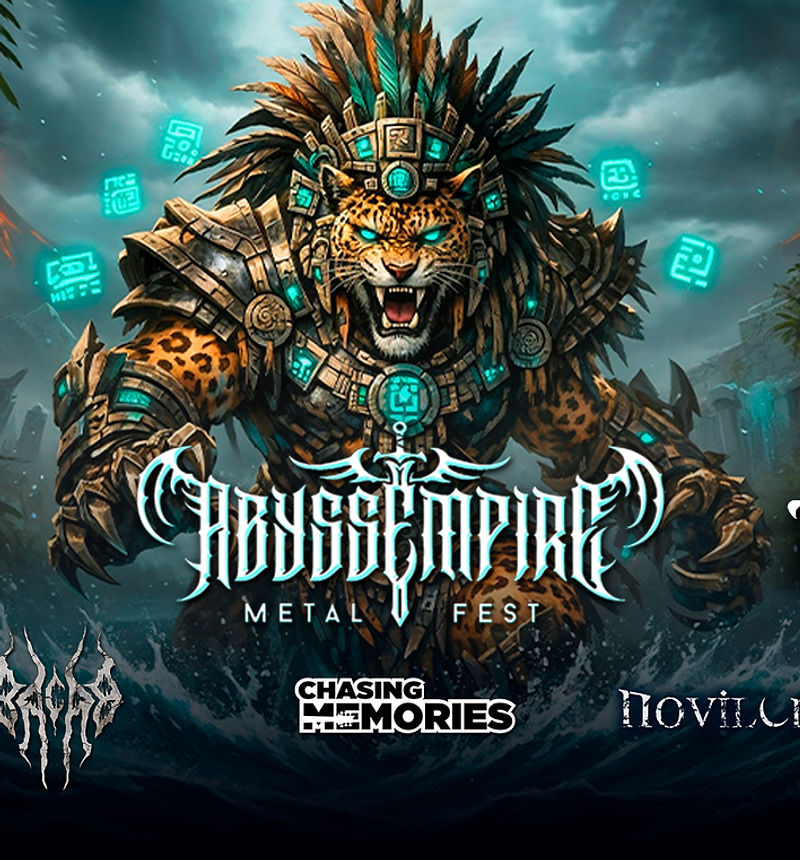 Portada del Abyss Empire Metal Fest 2026 con el jaguar guerrero maya entre ruinas y volcanes