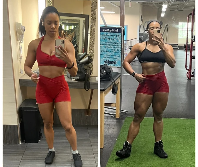 LaToya Loren before and after: starting from a classic hourglass frame, she built glutes and lower body mass to train her way across the spectrum into a Teardrop Hourglass.