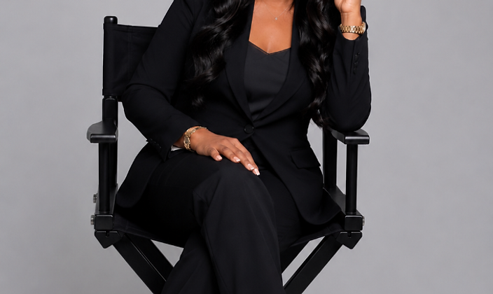 Carrita in a tailored black suit, seated