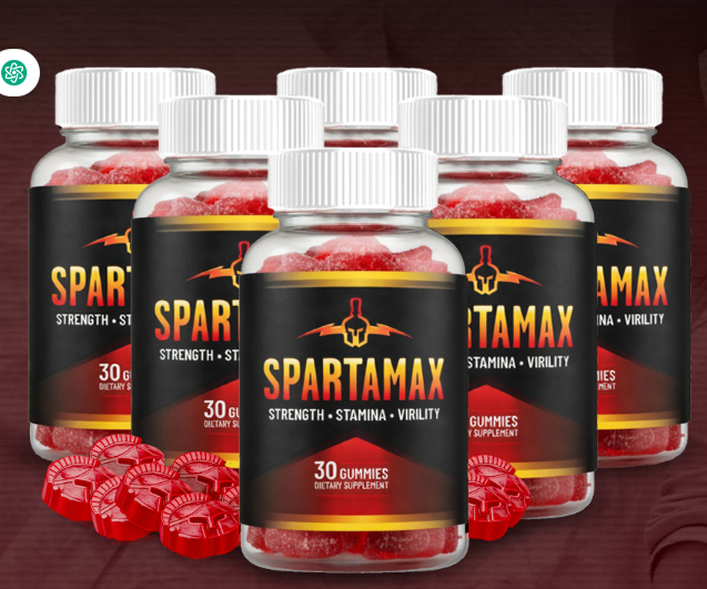 Six bottles of SPARTAMAX male vitality gummies with loose gummies in front