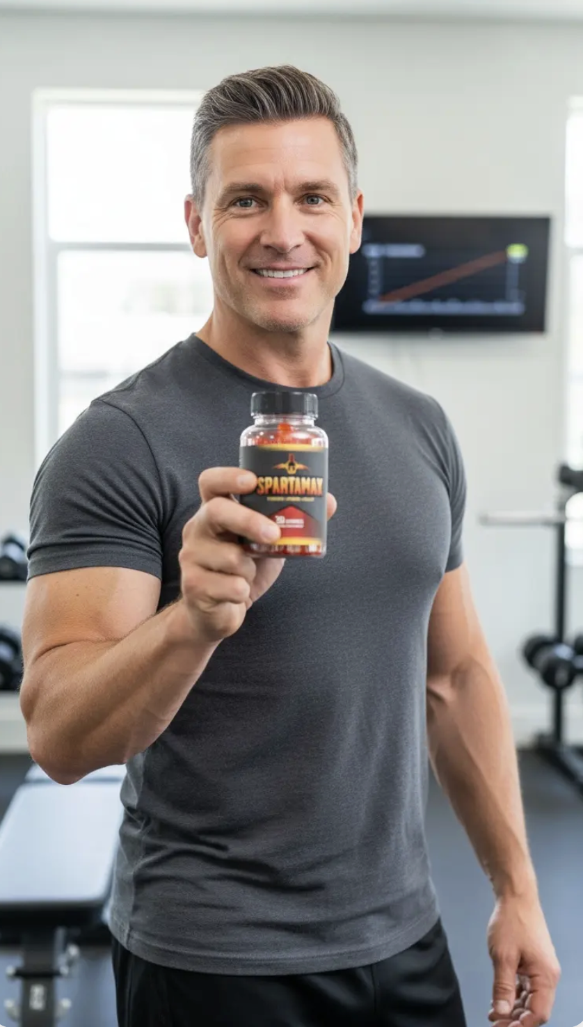 Man in his forties holding a bottle of SPARTAMAX gummies in a gym