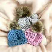 Popcorn Stitch Pom Beanie Trio