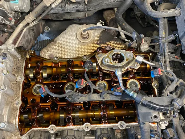 Engine bay photographed during an inspection at R&E