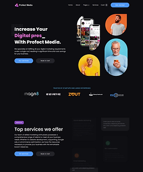 Dark media agency homepage with floating UI and bold accent typography