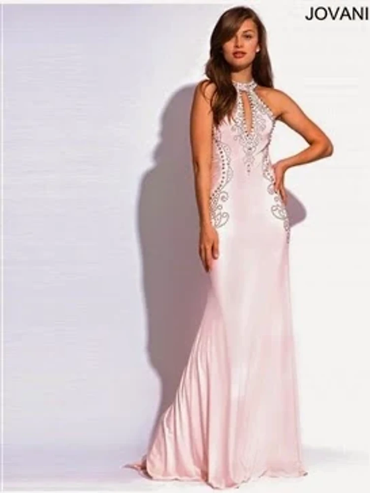 Model wearing an elegant pale pink beaded evening gown