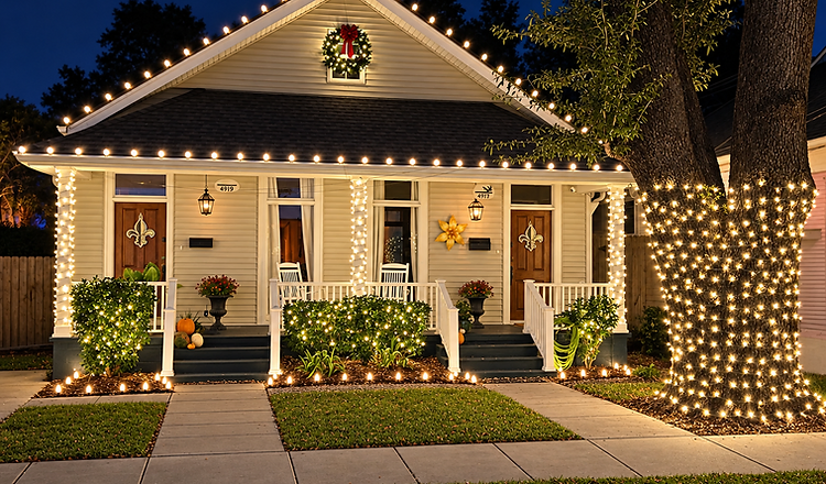 Professional Christmas lighting on a New Orleans bungalow with roofline, landscaping, porch, and wrapped tree