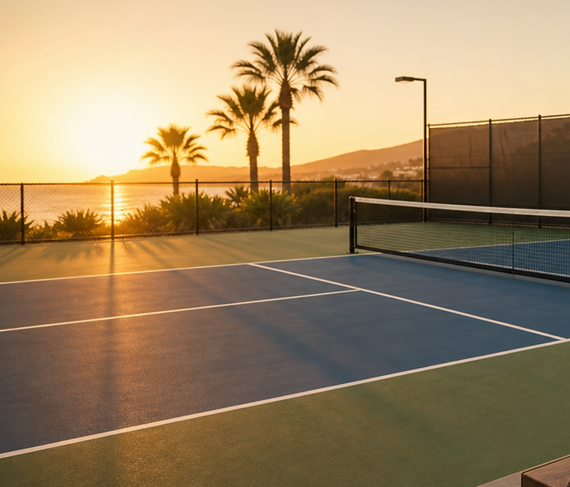 Pickleball court at sunset