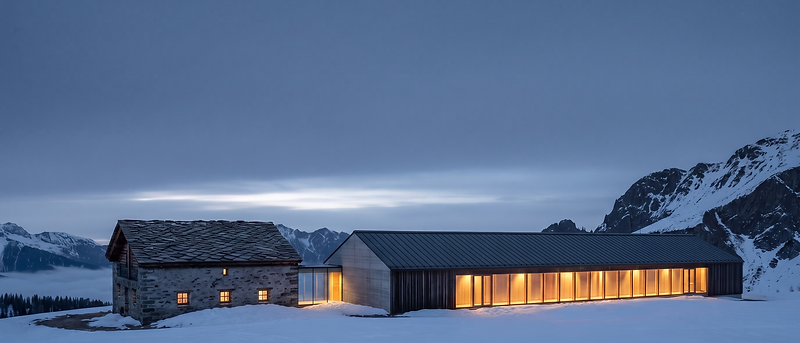 The two structures beneath an overcast alpine sky