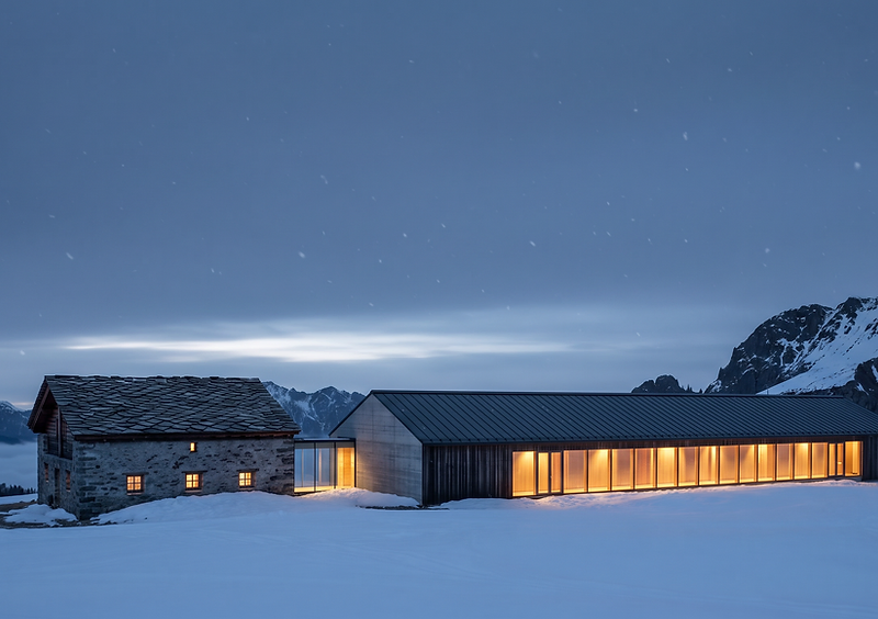 NÉVÉ at dusk — the Barn and the Wing under alpine twilight
