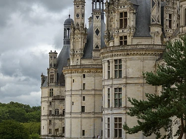 A chateau staircase rising in warm lamplight