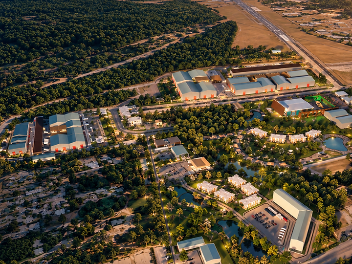 Aerial development visualization of the proposed PigRED studio campus in St. Marys, Georgia at sunset