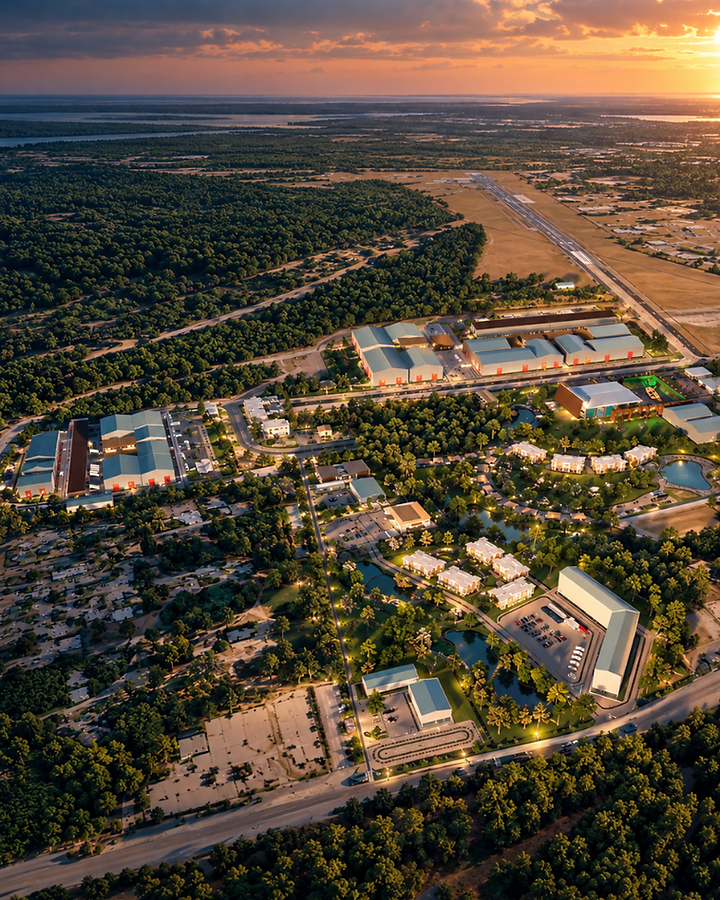 Aerial visualization of the proposed St. Marys studio campus at sunset