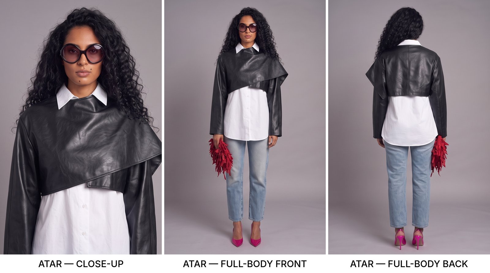 ATAR character sheet: close-up, full-body front, and full-body back views