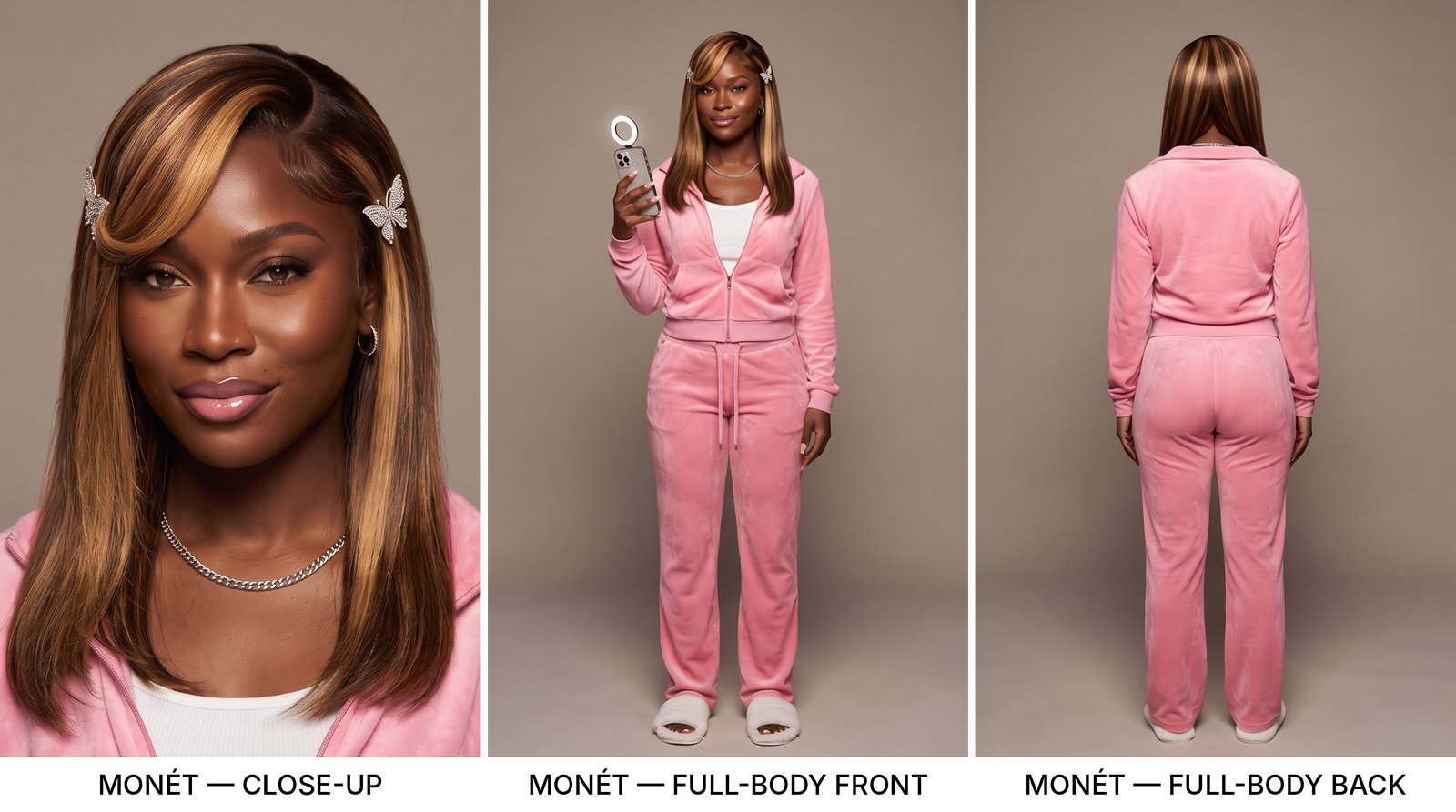 Monét character sheet: close-up, full-body front, and full-body back views