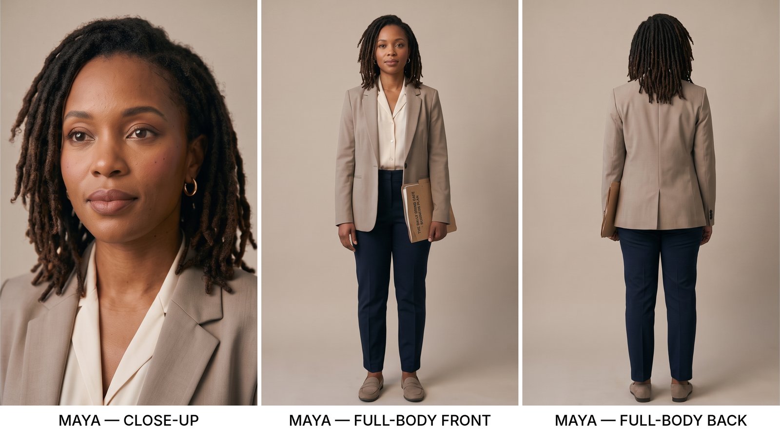 Maya character sheet: close-up, full-body front, and full-body back views