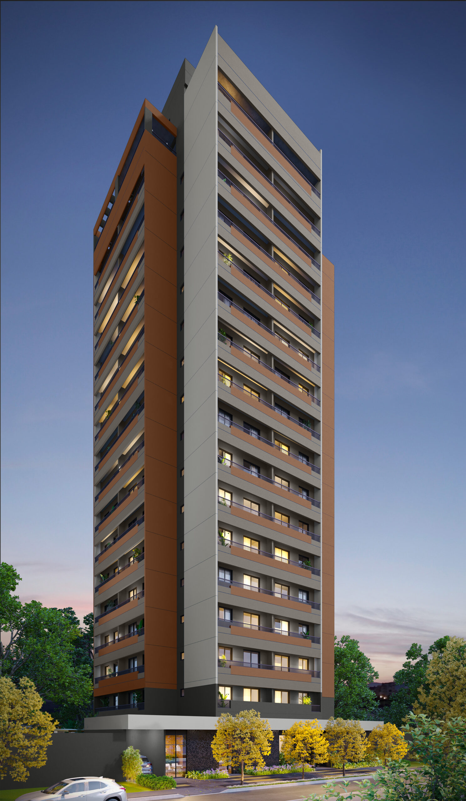 Fachada do empreendimento Joy+ Berrini, apartamentos 1 dormitório e studios no Brooklin, São Paulo