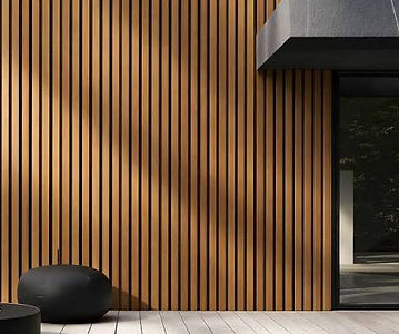 Vertical wood cladding wall with a dark roof overhang